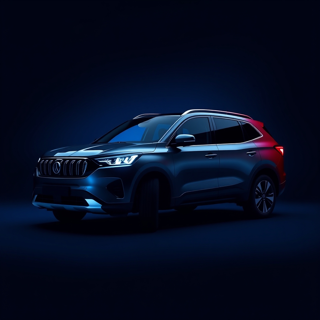 Koyu lacivert fonda cyan ışık vurgularıyla sergilenen yeni SUV otomobil