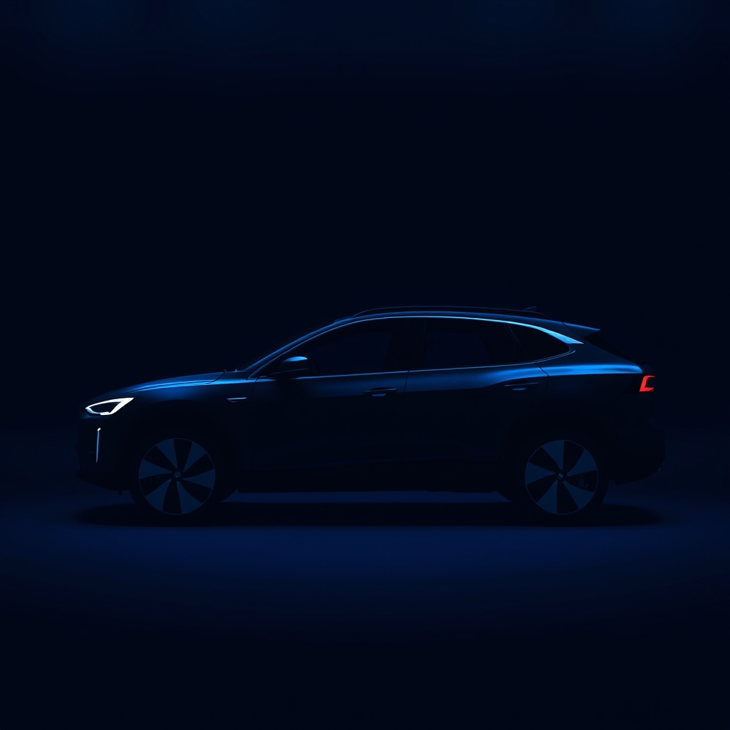 Koyu lacivert fonda cyan ışık vurgularıyla öne çıkarılmış elektrikli otomobil silüeti.
