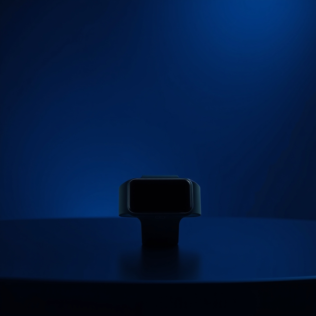Koyu lacivert arka planda ve camgöbeği ışık altında sergilenen yeni Fitbit Edge akıllı bileklik.