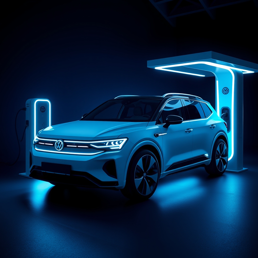 Koyu lacivert fonda cyan ışık vurgularıyla sergilenen temsilî elektrikli Volkswagen SUV otomobil