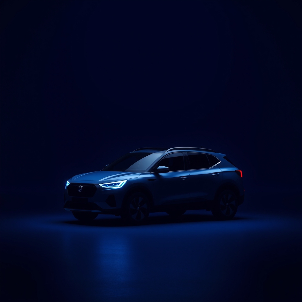 Koyu lacivert arka planda camgöbeği ışıklarla vurgulanmış modern bir SUV otomobil silüeti.